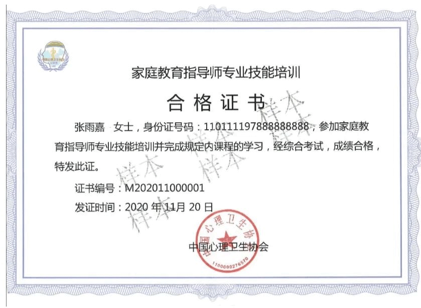 中国心理卫生协会 证书样本2